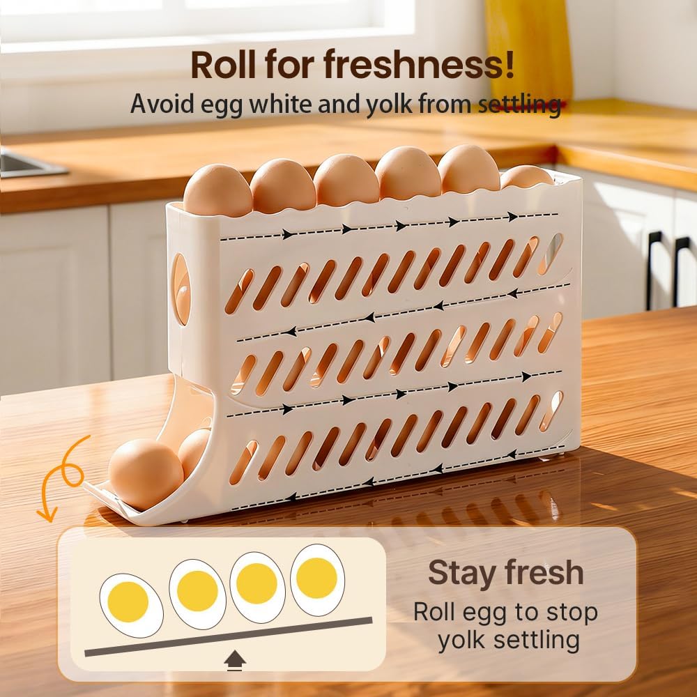 2026 Egg Holder for Fridge, Upgraded 4 Tiers Automatic Rolling Egg Dispenser, No Assembly Required Easy Access, Save Space for Refrigerator Holds up to 30 pcs White
