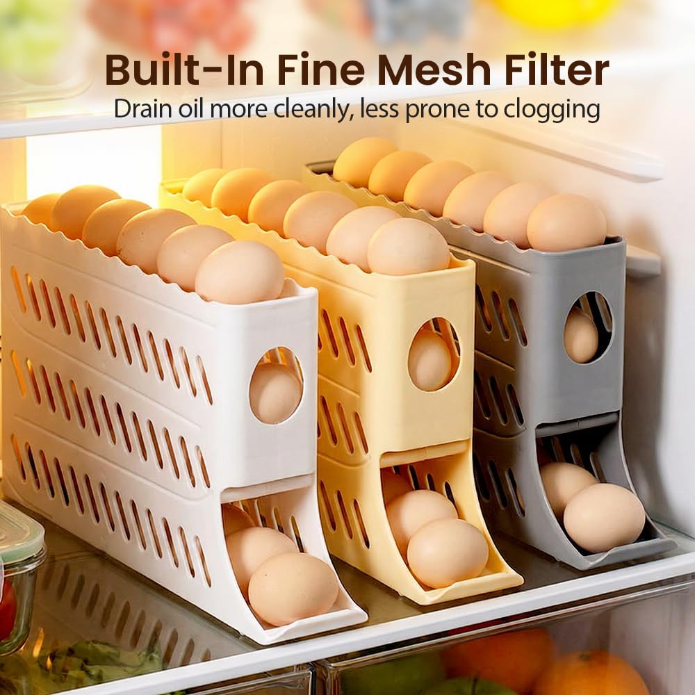 2026 Egg Holder for Fridge, Upgraded 4 Tiers Automatic Rolling Egg Dispenser, No Assembly Required Easy Access, Save Space for Refrigerator Holds up to 30 pcs White