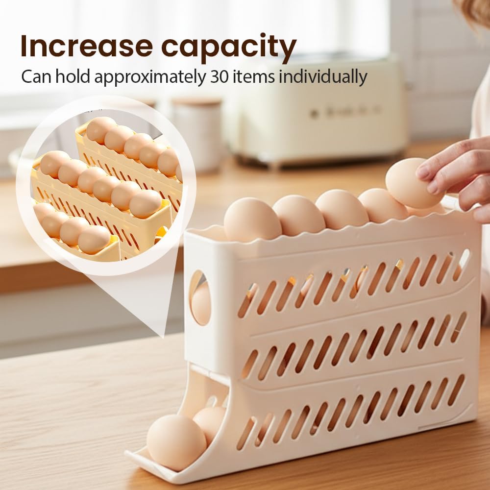2026 Egg Holder for Fridge, Upgraded 4 Tiers Automatic Rolling Egg Dispenser, No Assembly Required Easy Access, Save Space for Refrigerator Holds up to 30 pcs White