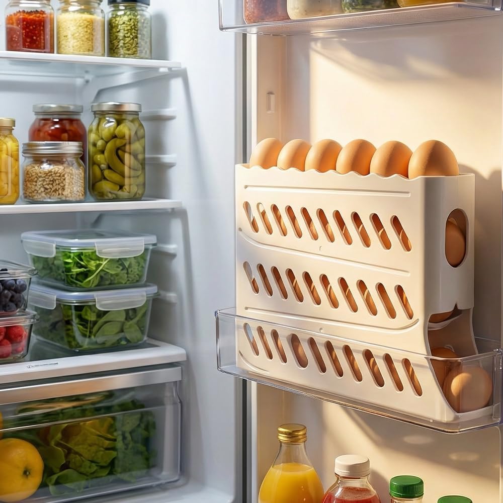 2026 Egg Holder for Fridge, Upgraded 4 Tiers Automatic Rolling Egg Dispenser, No Assembly Required Easy Access, Save Space for Refrigerator Holds up to 30 pcs White