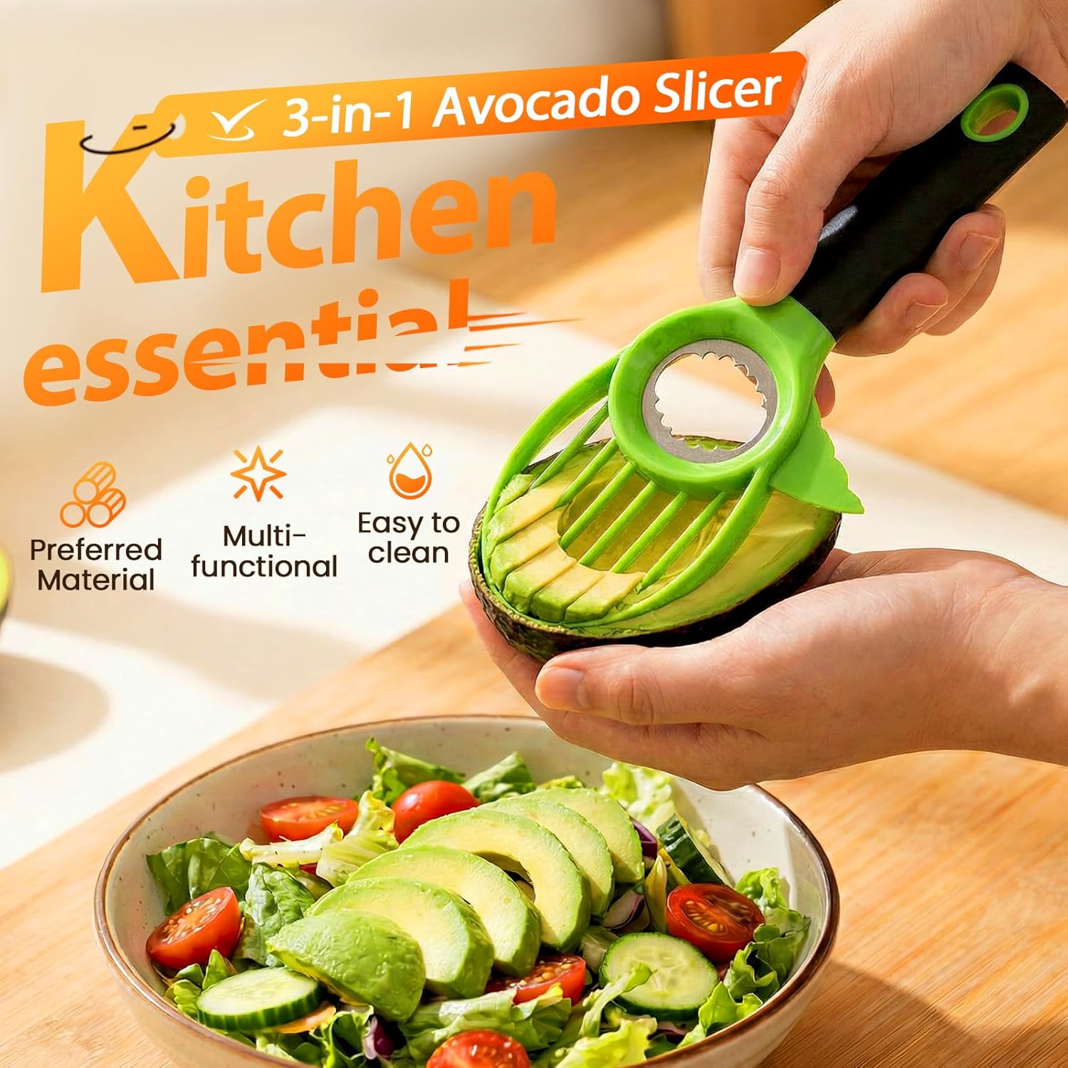 3-in-1 Avocado Slicer Tool, Multi-Function Splitter Pitter Cutter, Silicone Comfort-Grip Handle Avocado Peeler for Kitchen 1PC