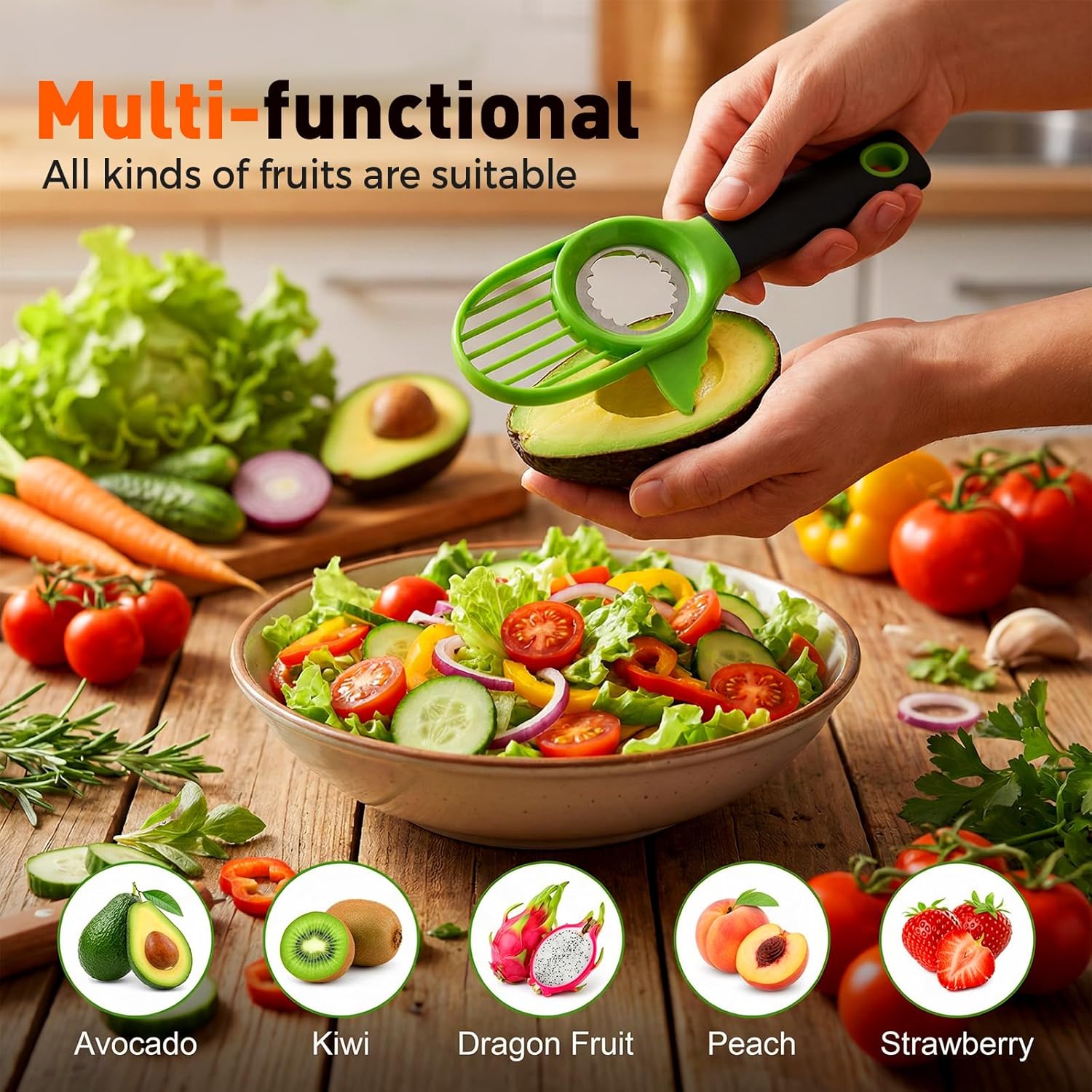 3-in-1 Avocado Slicer Tool, Multi-Function Splitter Pitter Cutter, Silicone Comfort-Grip Handle Avocado Peeler for Kitchen 1PC
