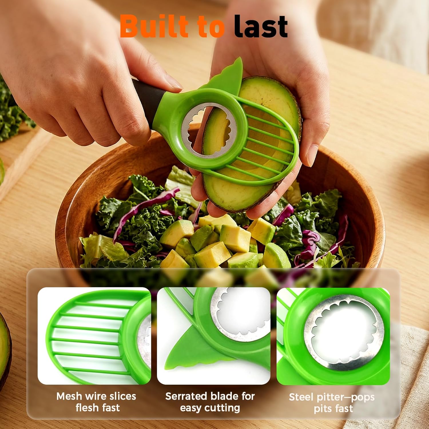 3-in-1 Avocado Slicer Tool, Multi-Function Splitter Pitter Cutter, Silicone Comfort-Grip Handle Avocado Peeler for Kitchen 1PC