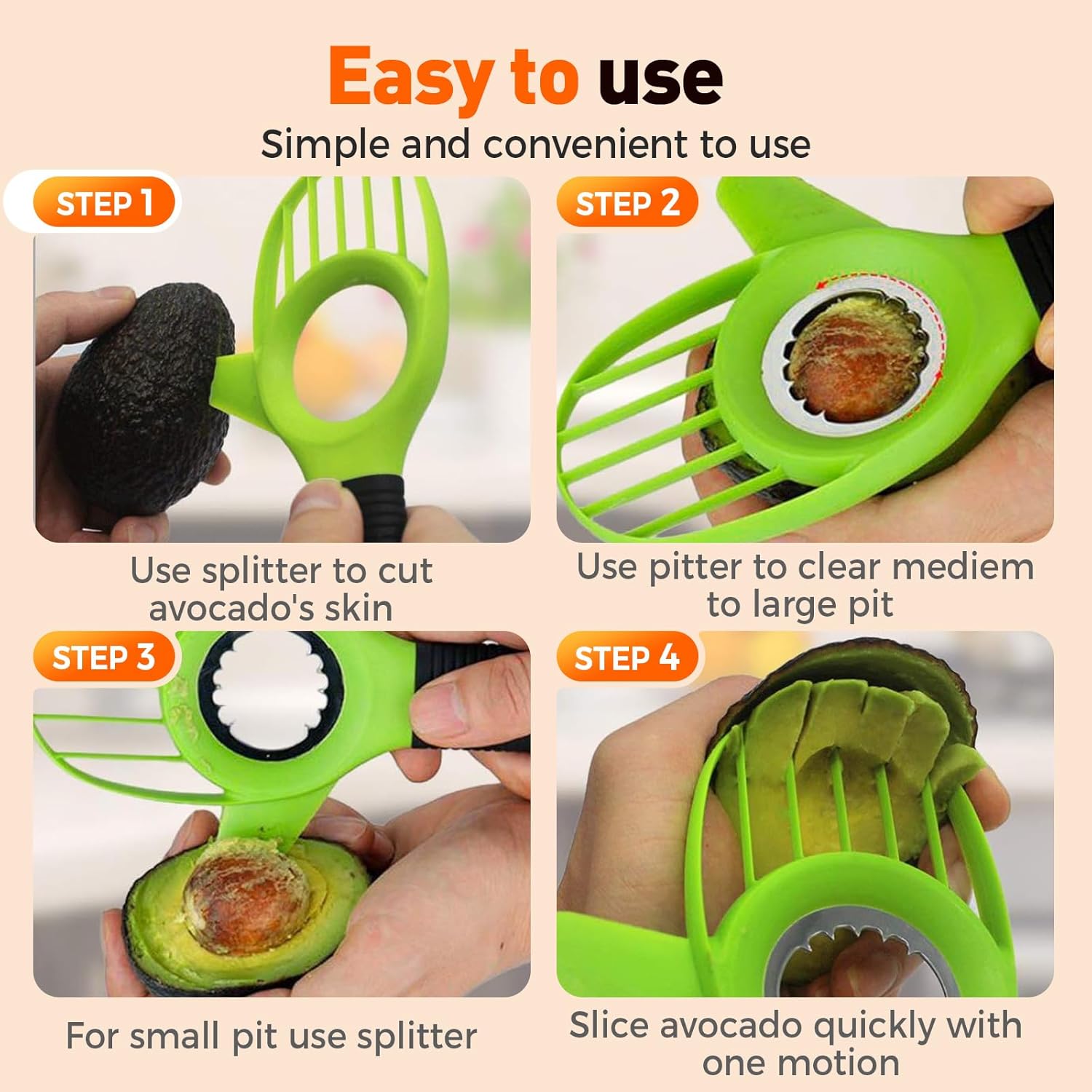 3-in-1 Avocado Slicer Tool, Multi-Function Splitter Pitter Cutter, Silicone Comfort-Grip Handle Avocado Peeler for Kitchen 1PC