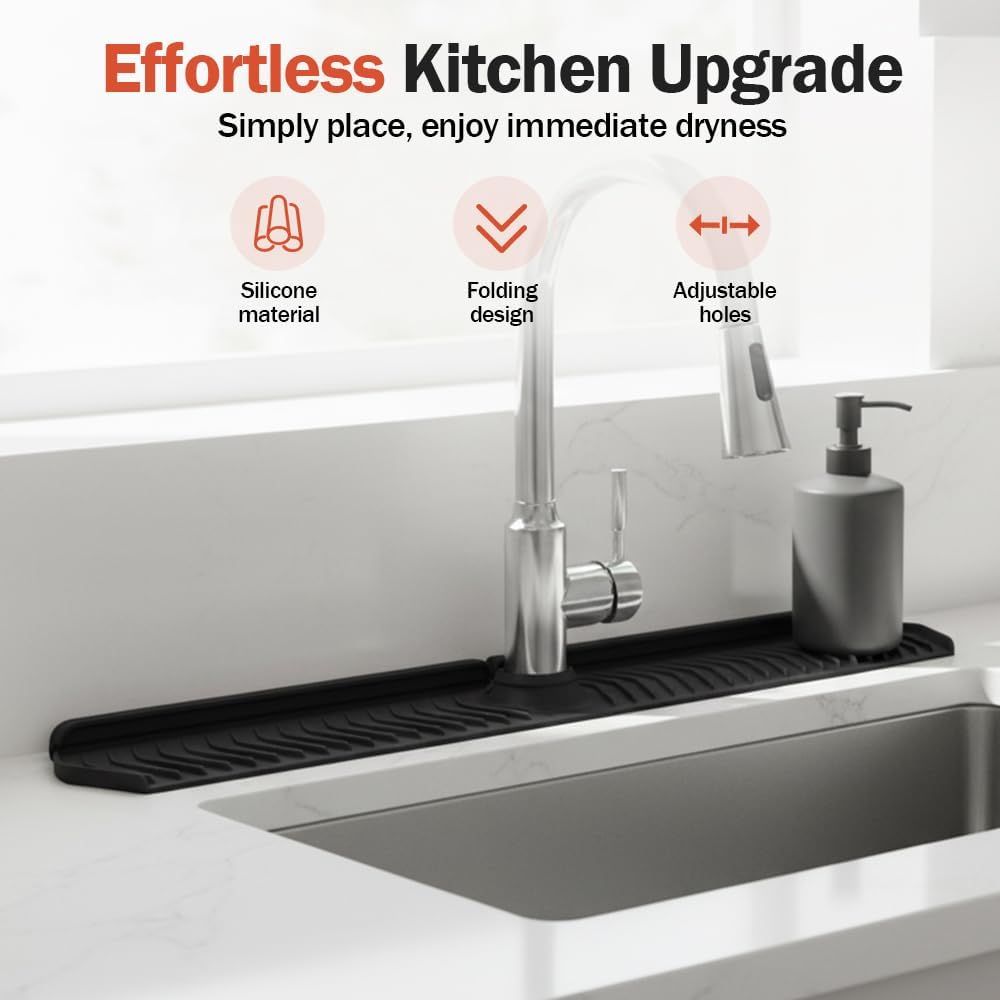 Kitchen Sink Faucet Mat, 30in Extra Long Foldable Silicone Faucet Guard & Splash Guard, 2026 Multi-Functional Draining Mat to Keep Countertops Dry, Protect Backsplash from Splash Grey