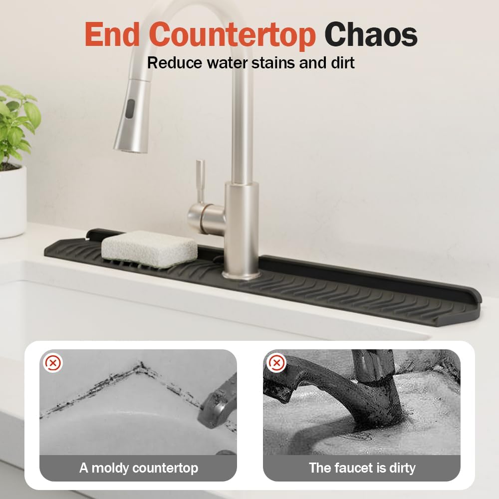 Kitchen Sink Faucet Mat, 30in Extra Long Foldable Silicone Faucet Guard & Splash Guard, 2026 Multi-Functional Draining Mat to Keep Countertops Dry, Protect Backsplash from Splash Grey