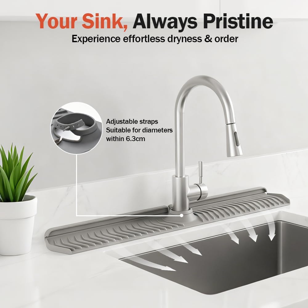 Kitchen Sink Faucet Mat, 30in Extra Long Foldable Silicone Faucet Guard & Splash Guard, 2026 Multi-Functional Draining Mat to Keep Countertops Dry, Protect Backsplash from Splash Grey