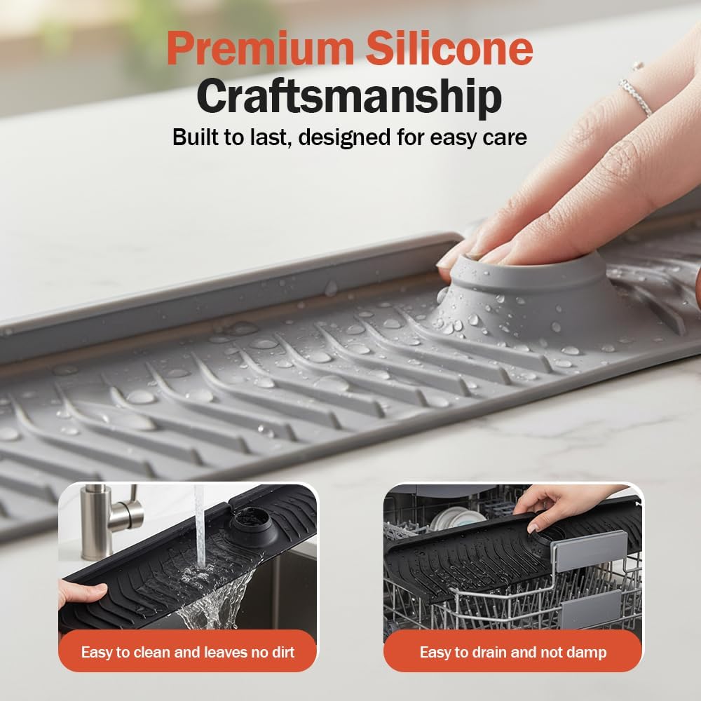 Kitchen Sink Faucet Mat, 30in Extra Long Foldable Silicone Faucet Guard & Splash Guard, 2026 Multi-Functional Draining Mat to Keep Countertops Dry, Protect Backsplash from Splash Grey