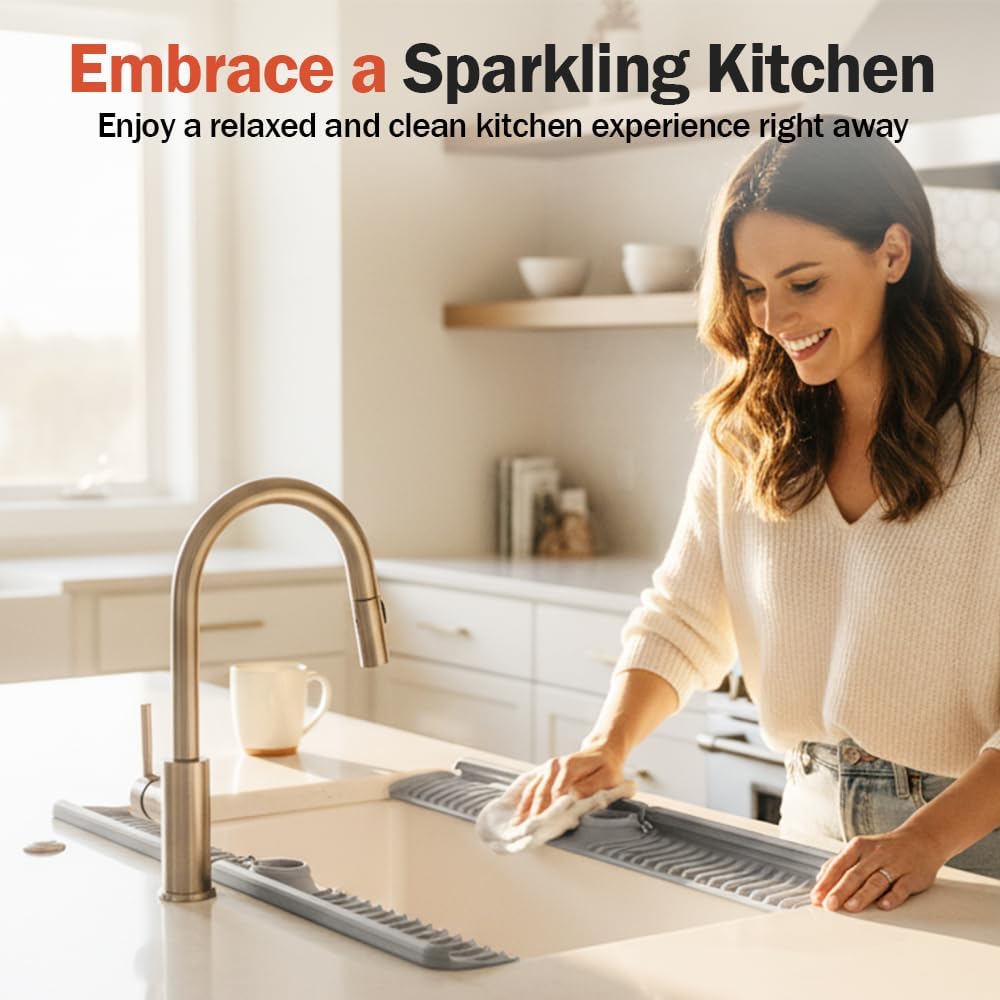 Kitchen Sink Faucet Mat, 30in Extra Long Foldable Silicone Faucet Guard & Splash Guard, 2026 Multi-Functional Draining Mat to Keep Countertops Dry, Protect Backsplash from Splash Grey