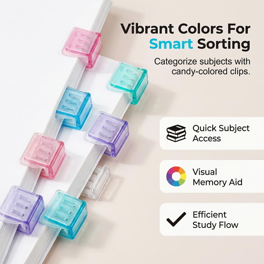 Clip-on Bookmarks – 30 Pack Transparent Color Push Paper Clips with Storage Box, Reusable Plastic Paper Clamps for Books, Study Notes, Office Documents Random