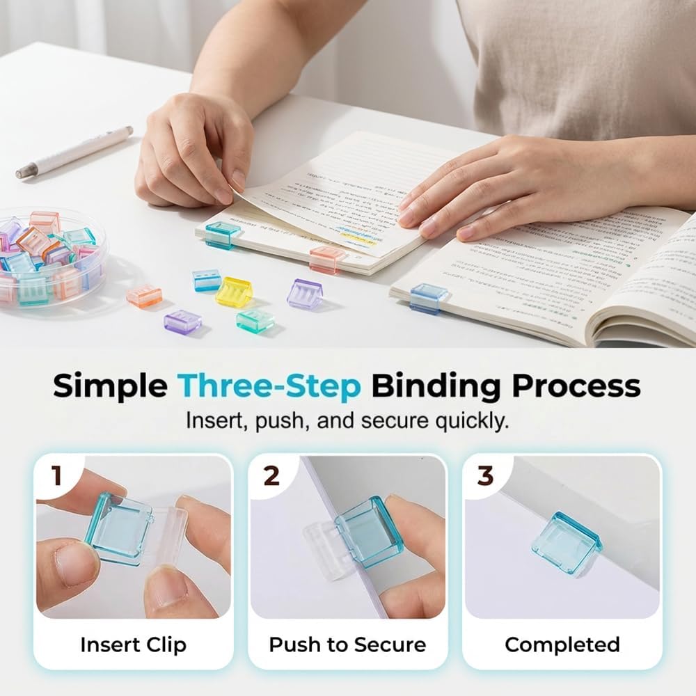 Clip-on Bookmarks – 30 Pack Transparent Color Push Paper Clips with Storage Box, Reusable Plastic Paper Clamps for Books, Study Notes, Office Documents Random