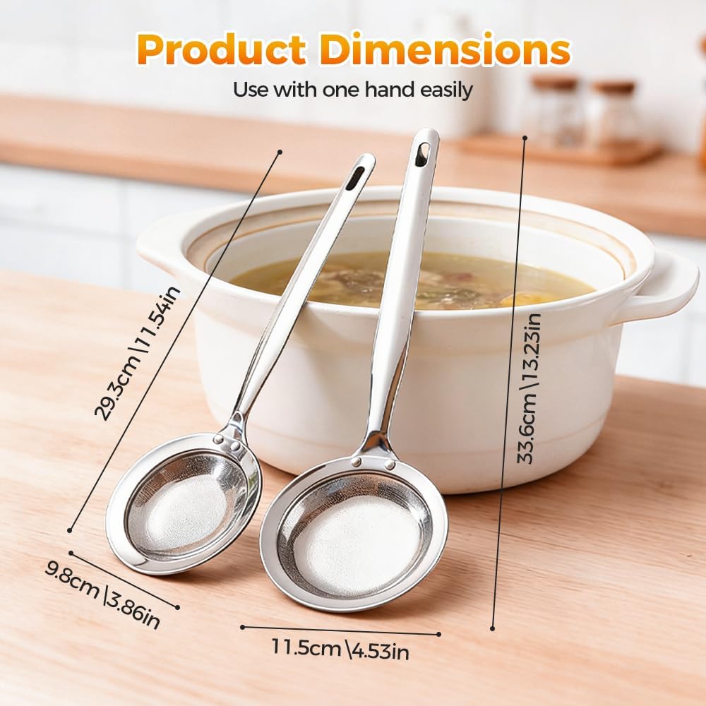 Fine-Mesh Kitchen Strainer - 2026 Upgraded Stainless Steel Sieve with Handle, Multi-Purpose Strainer for Cooking, Baking & Liquid Filtering, Oil Skimming Spoon, Kitchen Tool Small
