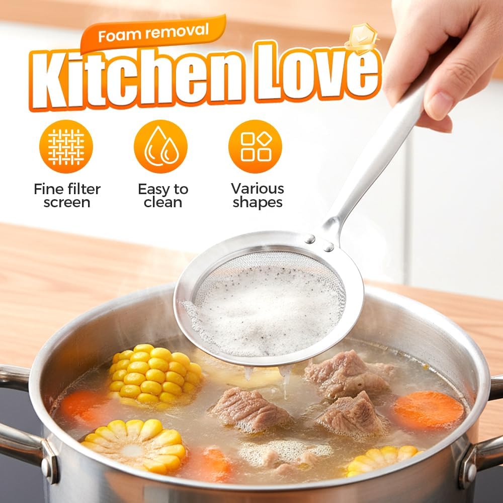 Fine-Mesh Kitchen Strainer - 2026 Upgraded Stainless Steel Sieve with Handle, Multi-Purpose Strainer for Cooking, Baking & Liquid Filtering, Oil Skimming Spoon, Kitchen Tool Small