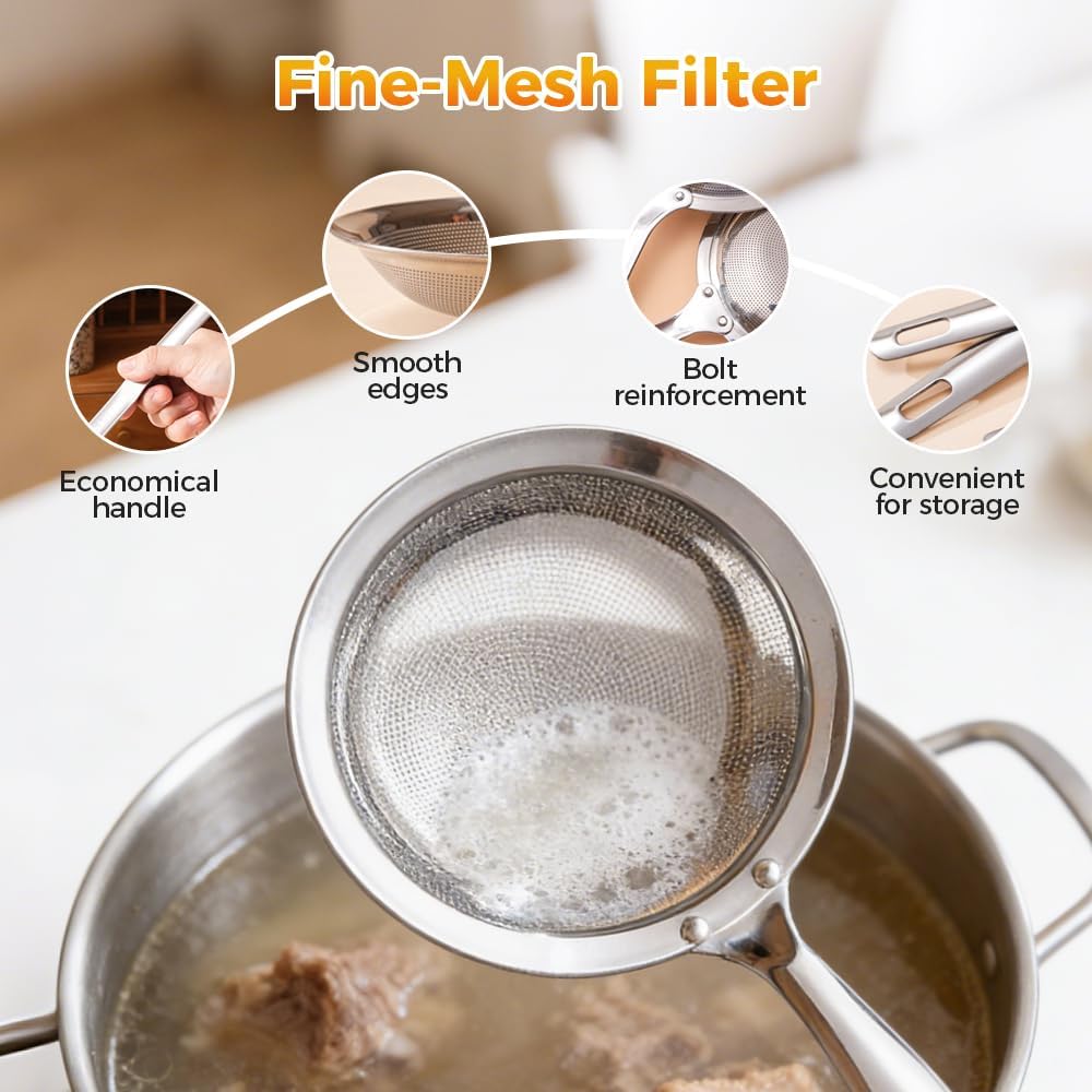 Fine-Mesh Kitchen Strainer - 2026 Upgraded Stainless Steel Sieve with Handle, Multi-Purpose Strainer for Cooking, Baking & Liquid Filtering, Oil Skimming Spoon, Kitchen Tool Small