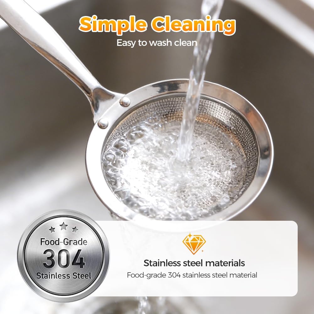 Fine-Mesh Kitchen Strainer - 2026 Upgraded Stainless Steel Sieve with Handle, Multi-Purpose Strainer for Cooking, Baking & Liquid Filtering, Oil Skimming Spoon, Kitchen Tool Small