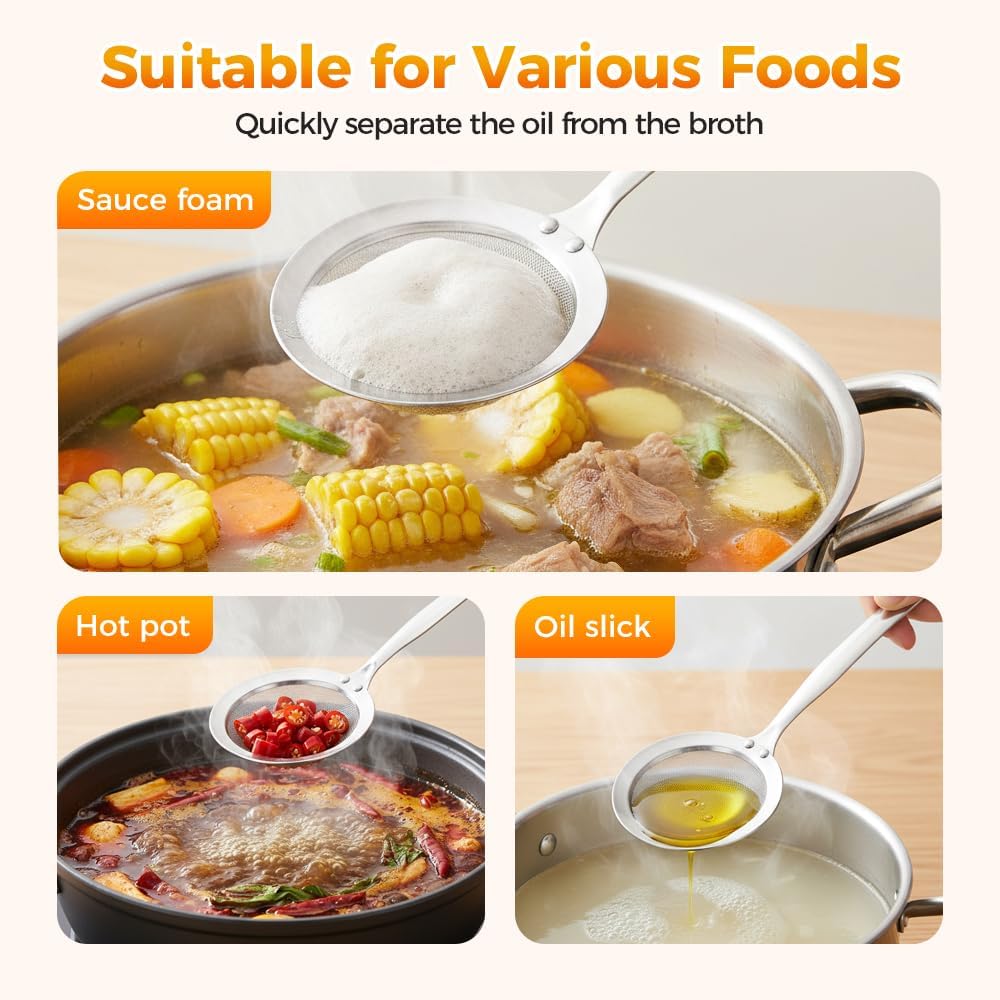 Fine-Mesh Kitchen Strainer - 2026 Upgraded Stainless Steel Sieve with Handle, Multi-Purpose Strainer for Cooking, Baking & Liquid Filtering, Oil Skimming Spoon, Kitchen Tool Small