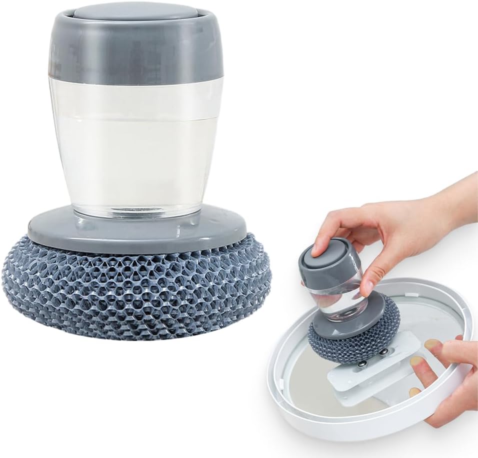 Dish Brh with Soap Dispenser, Soap Dispensing Dish Brh - with PET/Steel Wire Bristles, Kitchen Scrub Brh for Dishes Pots Pans Sinks PET Head