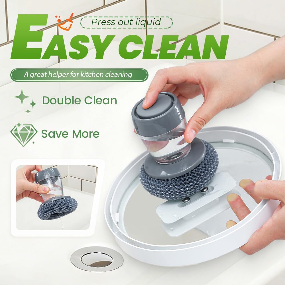Dish Brh with Soap Dispenser, Soap Dispensing Dish Brh - with PET/Steel Wire Bristles, Kitchen Scrub Brh for Dishes Pots Pans Sinks PET Head
