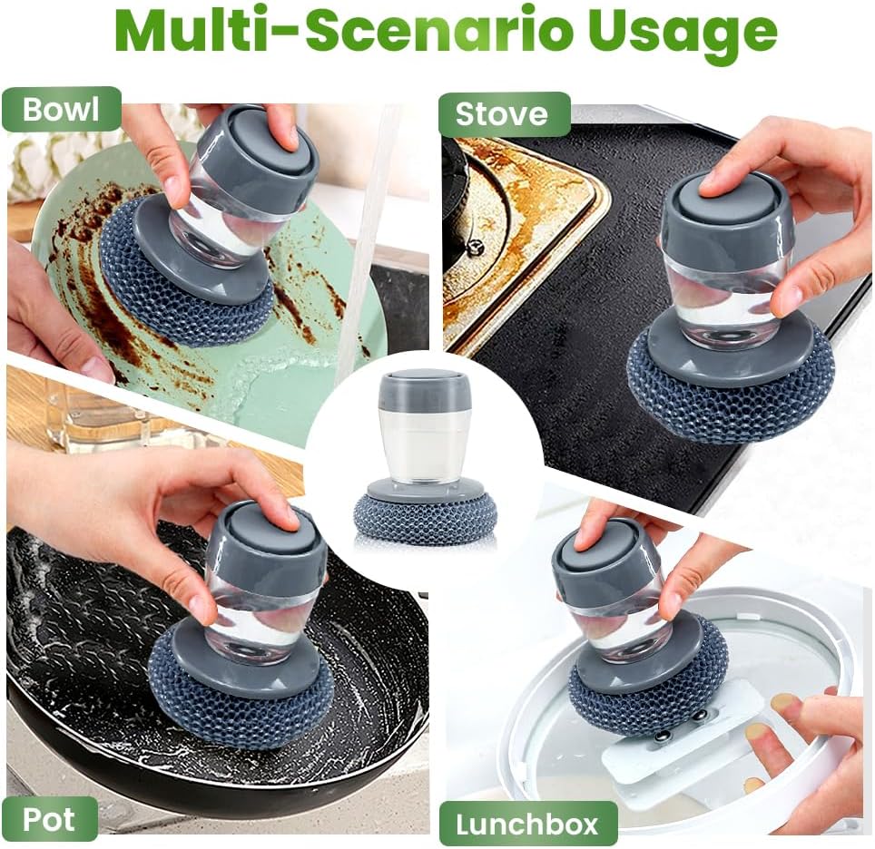 Dish Brh with Soap Dispenser, Soap Dispensing Dish Brh - with PET/Steel Wire Bristles, Kitchen Scrub Brh for Dishes Pots Pans Sinks PET Head