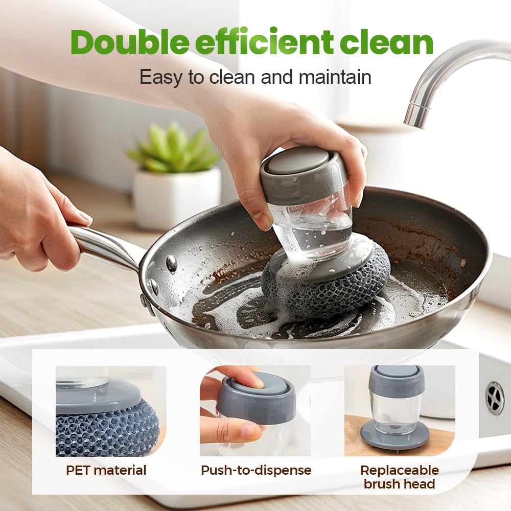 Dish Brh with Soap Dispenser, Soap Dispensing Dish Brh - with PET/Steel Wire Bristles, Kitchen Scrub Brh for Dishes Pots Pans Sinks PET Head