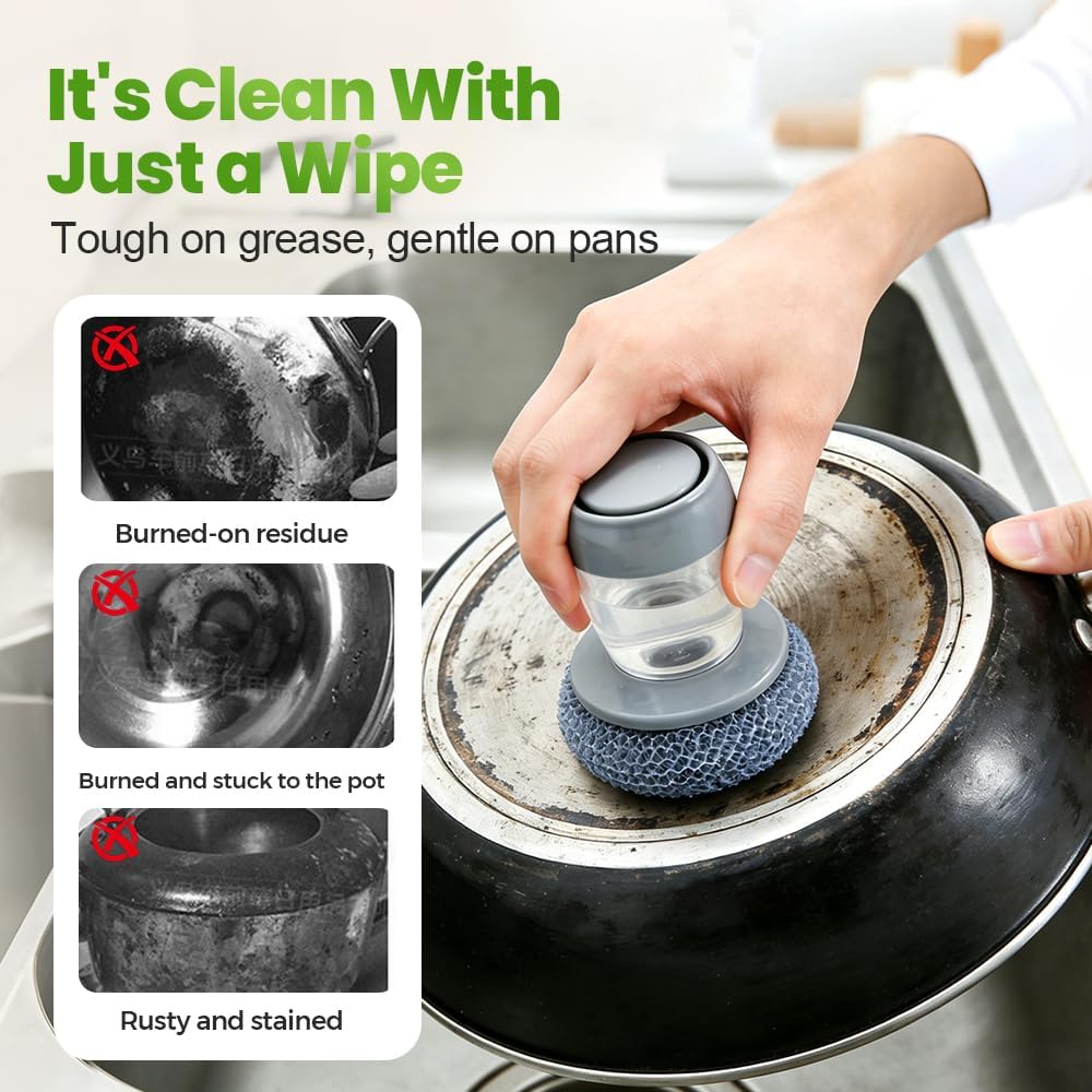 Dish Brh with Soap Dispenser, Soap Dispensing Dish Brh - with PET/Steel Wire Bristles, Kitchen Scrub Brh for Dishes Pots Pans Sinks PET Head