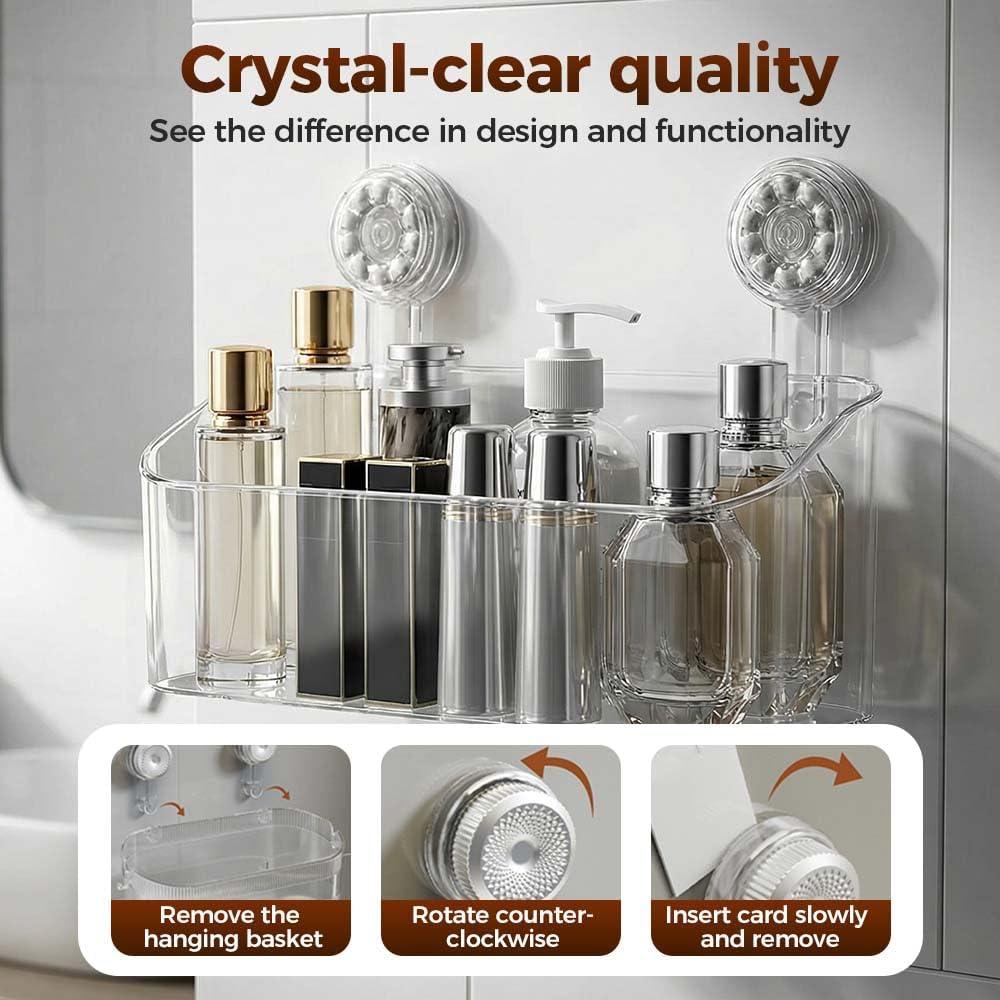Bathroom Suction Storage Box, 2026 New No-Drill Large Capacity Strong Load-Bearing Suction Cup Storage Rack with Drain Holes, Removable Shower Caddy for Bathroom Kitchen Gray