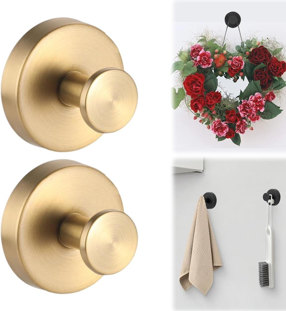 Suction Cup Hooks for Wreaths on Glass, 2025 New Model No-Drill Suction Cup Hook, Suction Cup Hooks Wreath Hangers, Metal Hook for Showers, Bathrooms, Window Glass, Door, and Wall Gold 2PCS