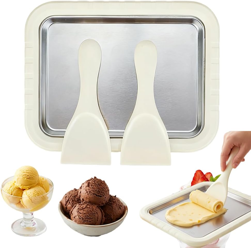 Rolled Ice Cream Maker Kit, 2026 New Stainless Steel Freeze Plate with 2 Scrapers, DIY Stir Fried Ice Cream Tray for Homemade Desserts, Perfect for Family Fun & Parties White