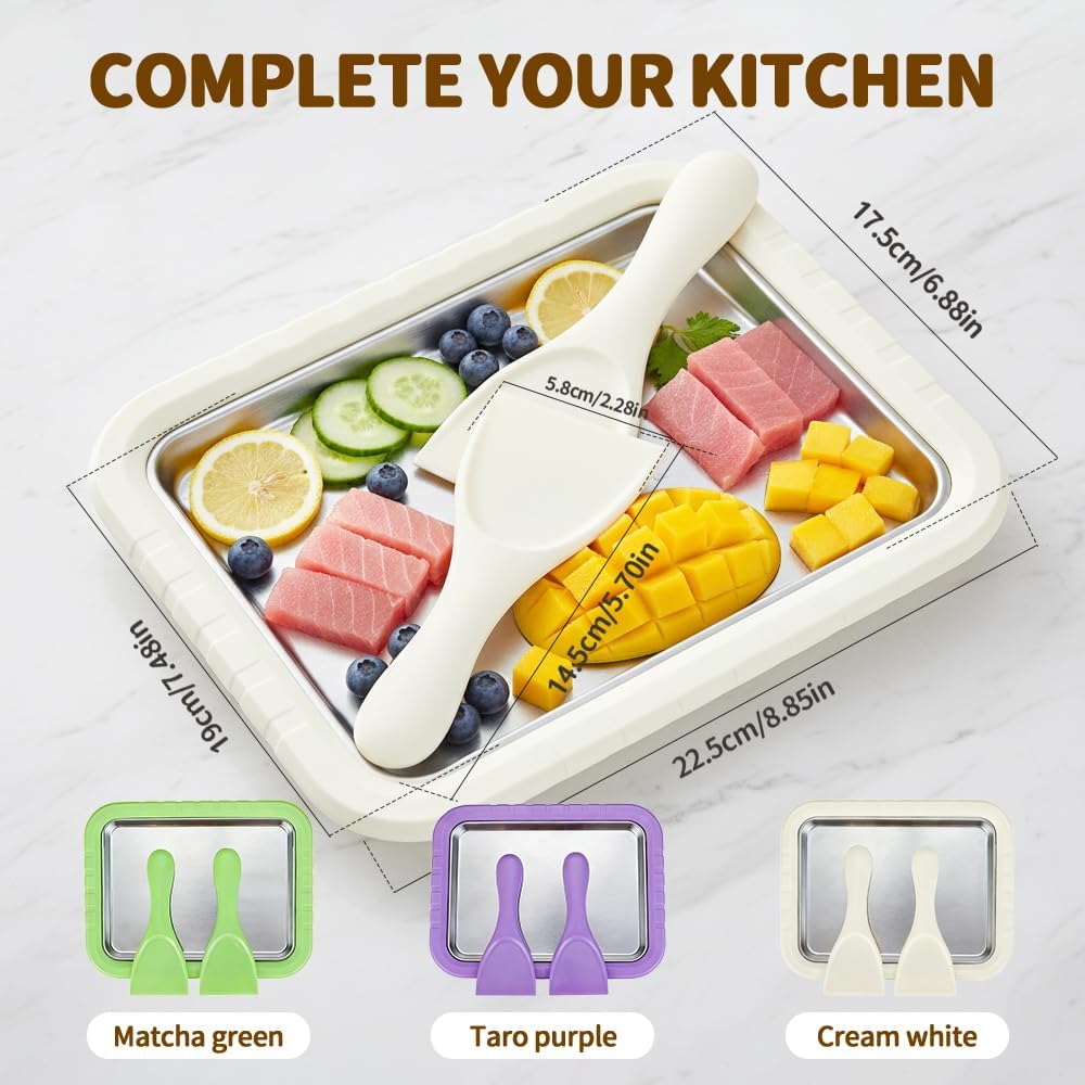 Rolled Ice Cream Maker Kit, 2026 New Stainless Steel Freeze Plate with 2 Scrapers, DIY Stir Fried Ice Cream Tray for Homemade Desserts, Perfect for Family Fun & Parties White