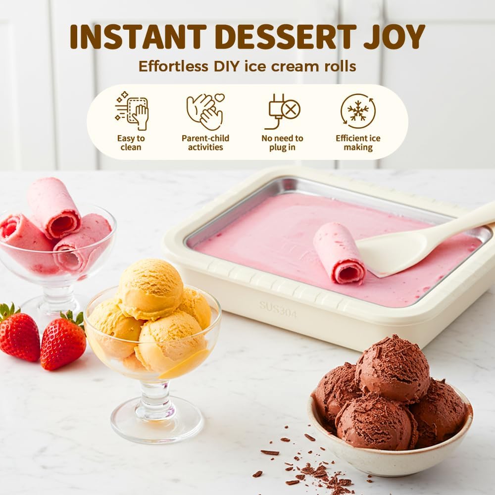 Rolled Ice Cream Maker Kit, 2026 New Stainless Steel Freeze Plate with 2 Scrapers, DIY Stir Fried Ice Cream Tray for Homemade Desserts, Perfect for Family Fun & Parties White