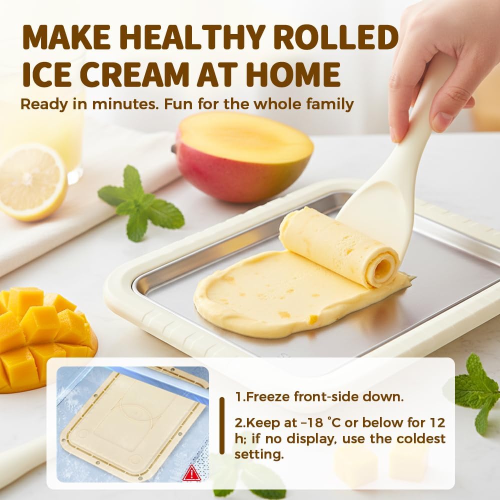 Rolled Ice Cream Maker Kit, 2026 New Stainless Steel Freeze Plate with 2 Scrapers, DIY Stir Fried Ice Cream Tray for Homemade Desserts, Perfect for Family Fun & Parties White