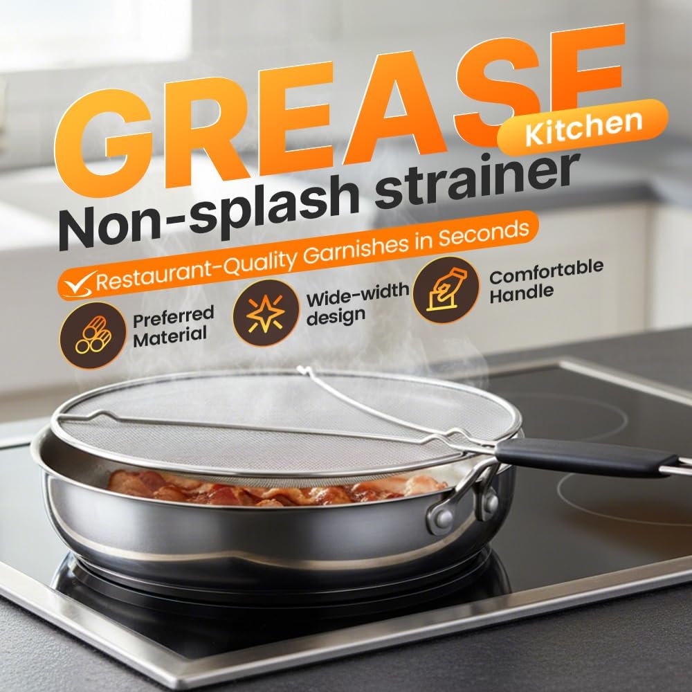 Stainless Steel Grease Splatter Guard, Large Fine Mesh Splatter Screen with Comfort Handle for Frying Pans & Cooking Pots, Fine Mesh Cover, Shield from Grease & Oil Large
