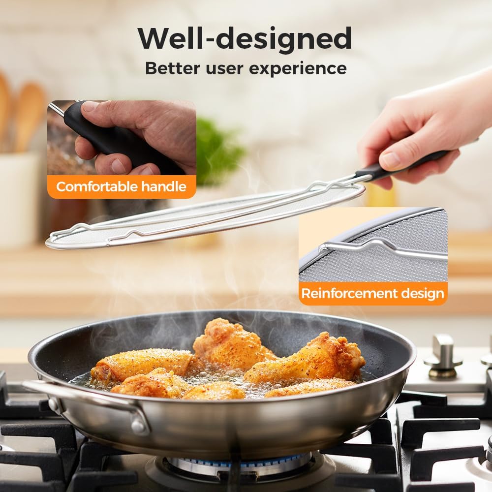 Stainless Steel Grease Splatter Guard, Large Fine Mesh Splatter Screen with Comfort Handle for Frying Pans & Cooking Pots, Fine Mesh Cover, Shield from Grease & Oil Large