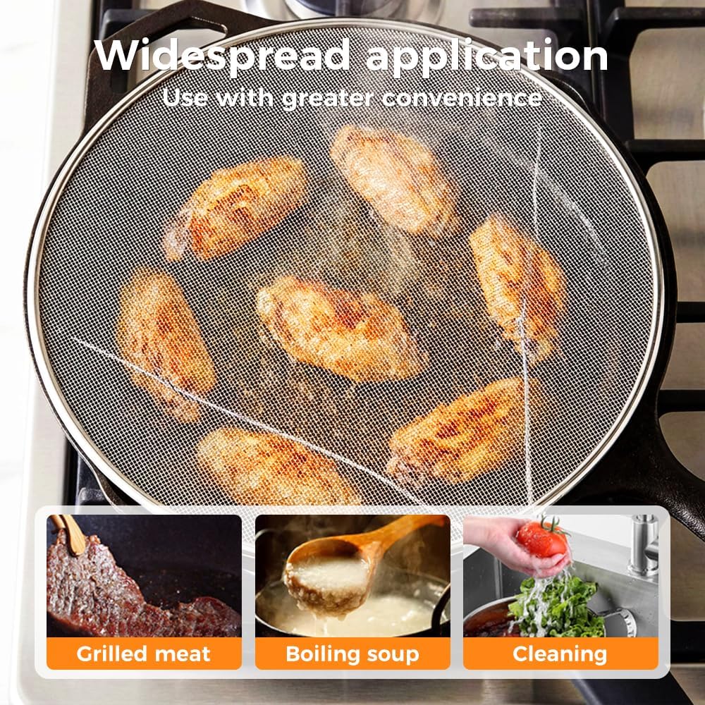 Stainless Steel Grease Splatter Guard, Large Fine Mesh Splatter Screen with Comfort Handle for Frying Pans & Cooking Pots, Fine Mesh Cover, Shield from Grease & Oil Large