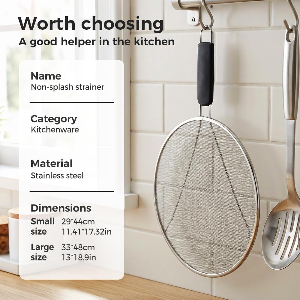 Stainless Steel Grease Splatter Guard, Large Fine Mesh Splatter Screen with Comfort Handle for Frying Pans & Cooking Pots, Fine Mesh Cover, Shield from Grease & Oil Large