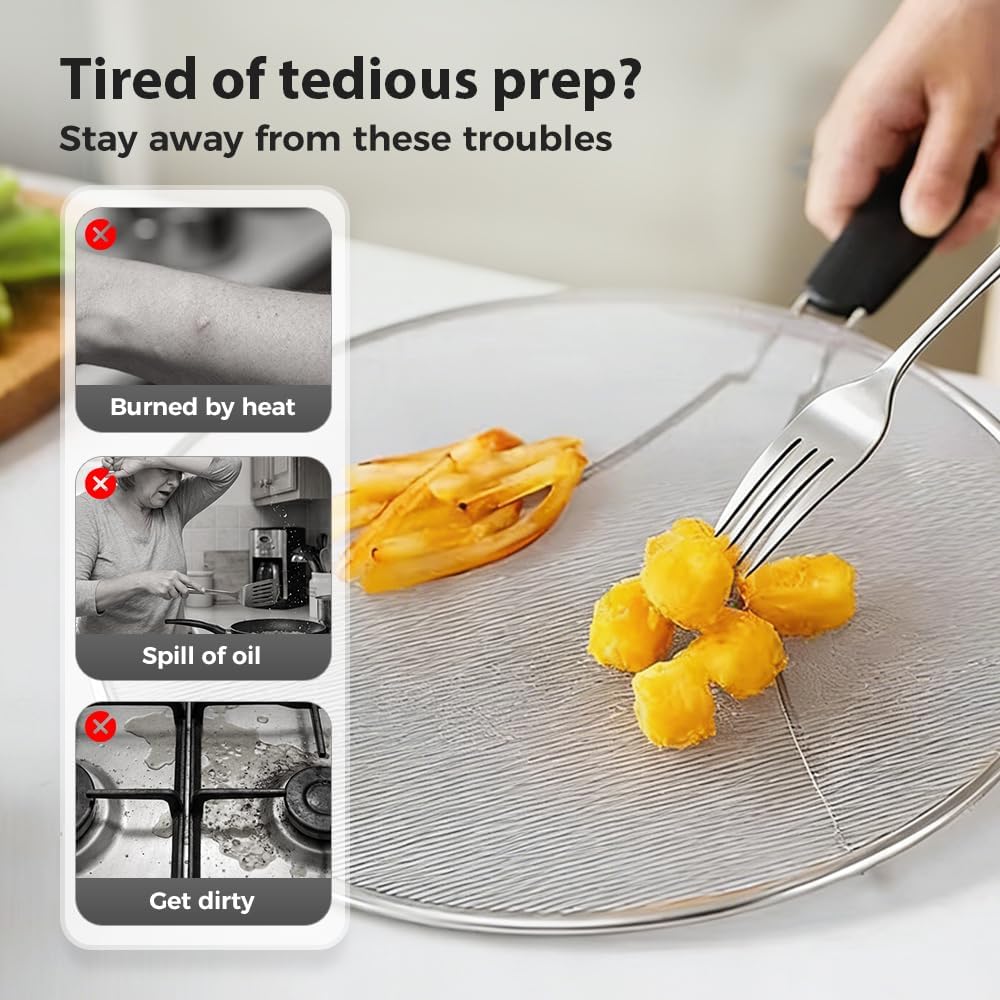 Stainless Steel Grease Splatter Guard, Large Fine Mesh Splatter Screen with Comfort Handle for Frying Pans & Cooking Pots, Fine Mesh Cover, Shield from Grease & Oil Large