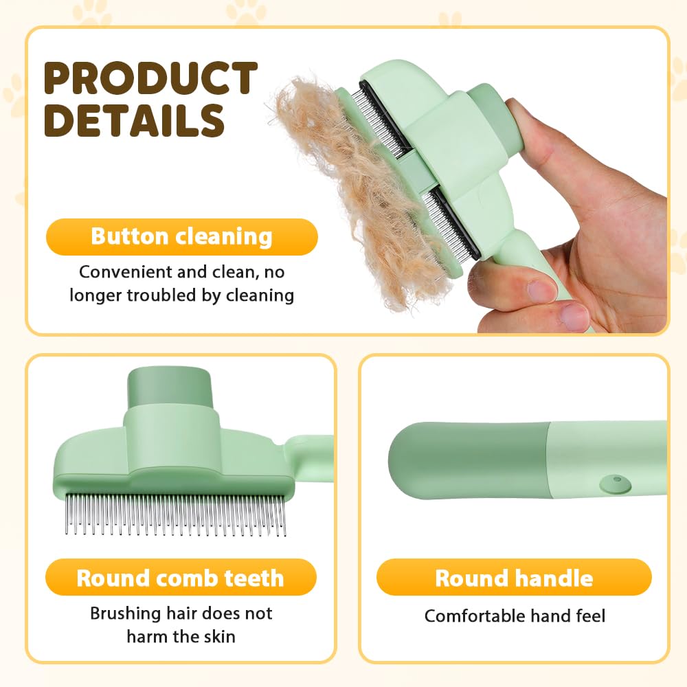 2-in-1 Pet Grooming Brh, Magic Pet Hair Remover Comb with Self-Cleaning Button for Dogs & Cats, Shedding Brh for Long/Short Hair, Home & Furniture Fur Removal Tool Green + Yellow