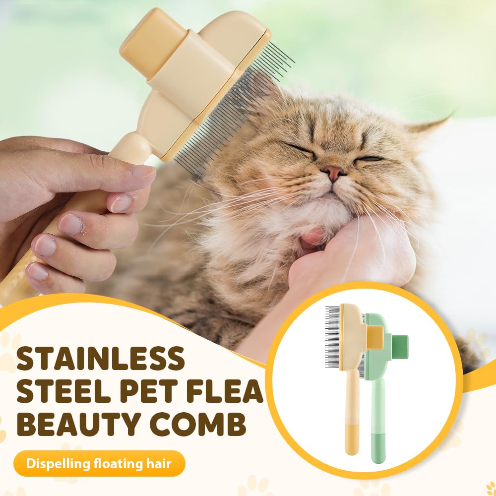 2-in-1 Pet Grooming Brh, Magic Pet Hair Remover Comb with Self-Cleaning Button for Dogs & Cats, Shedding Brh for Long/Short Hair, Home & Furniture Fur Removal Tool Green + Yellow