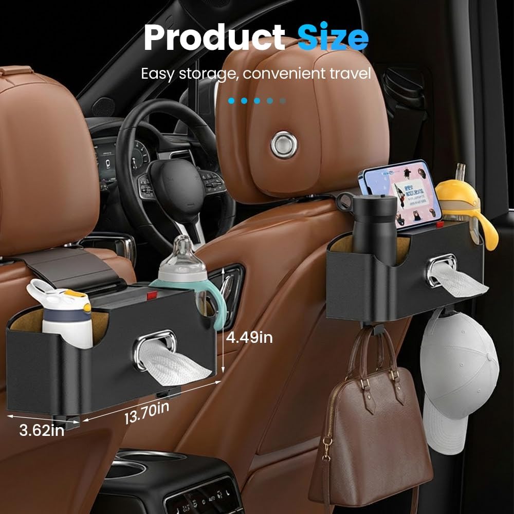 Car Backseat Organizer 3-in-1 Multifunctional Car Back Seat Storage Box with Drink Cup Holder Tissue Box Trash Bin & Hooks, Back Seat Car Organizer for Hold Phones,Drinks, and Handbags Black