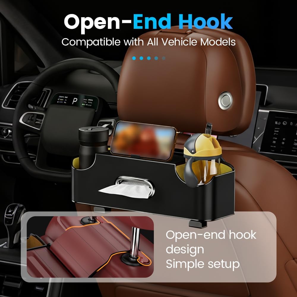 Car Backseat Organizer 3-in-1 Multifunctional Car Back Seat Storage Box with Drink Cup Holder Tissue Box Trash Bin & Hooks, Back Seat Car Organizer for Hold Phones,Drinks, and Handbags Black