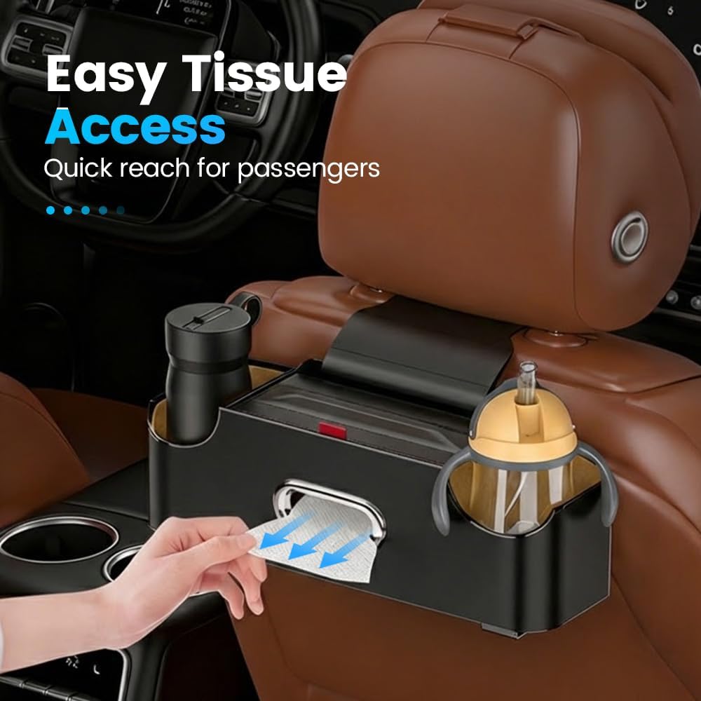 Car Backseat Organizer 3-in-1 Multifunctional Car Back Seat Storage Box with Drink Cup Holder Tissue Box Trash Bin & Hooks, Back Seat Car Organizer for Hold Phones,Drinks, and Handbags Black