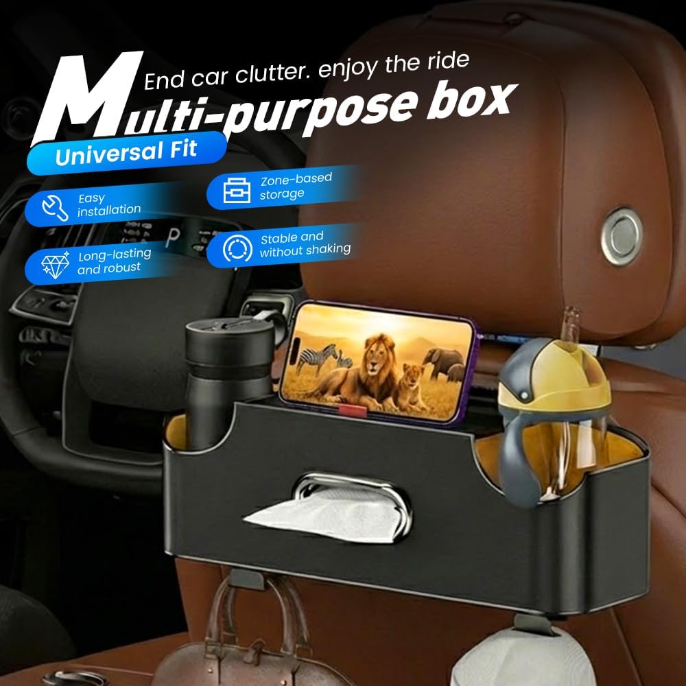 Car Backseat Organizer 3-in-1 Multifunctional Car Back Seat Storage Box with Drink Cup Holder Tissue Box Trash Bin & Hooks, Back Seat Car Organizer for Hold Phones,Drinks, and Handbags Black