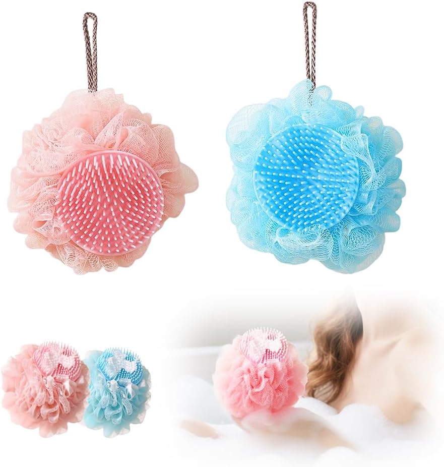 Super Soft Sunflower Bath Ball, 2025 New 2-in-1 Sunflower Bath Ball with Sponge Cleaning Brh, Mesh Bath Sponge for Women Men Shower Pink+Blue