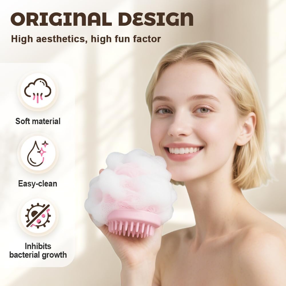Super Soft Sunflower Bath Ball, 2025 New 2-in-1 Sunflower Bath Ball with Sponge Cleaning Brh, Mesh Bath Sponge for Women Men Shower Pink+Blue