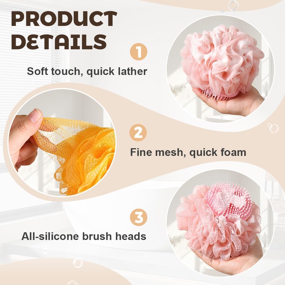 Super Soft Sunflower Bath Ball, 2025 New 2-in-1 Sunflower Bath Ball with Sponge Cleaning Brh, Mesh Bath Sponge for Women Men Shower Pink+Blue