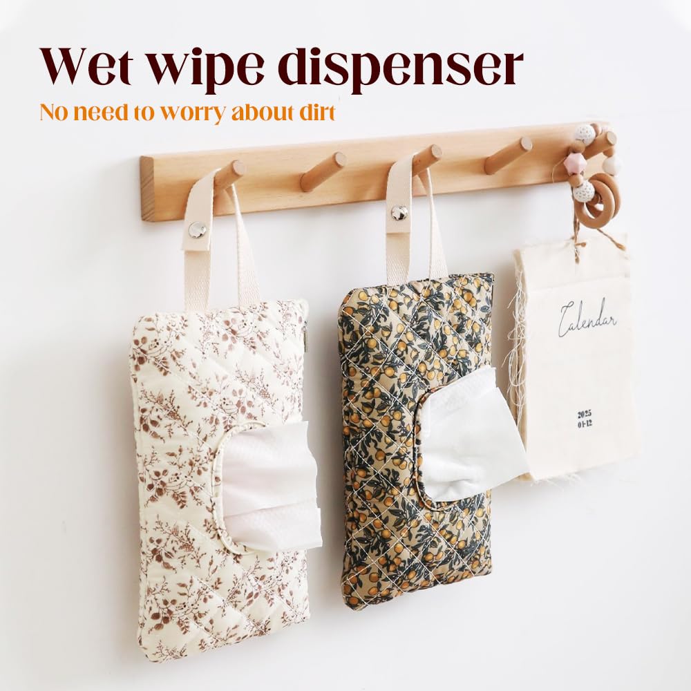 2 PCS Floral Quilted Baby Wipe Holder Pouch with Strap, Reable Portable Wipes Case for Stroller & Diaper Bag, Leak-Proof Travel Wipes Dispenser with Floral Pattern Mix