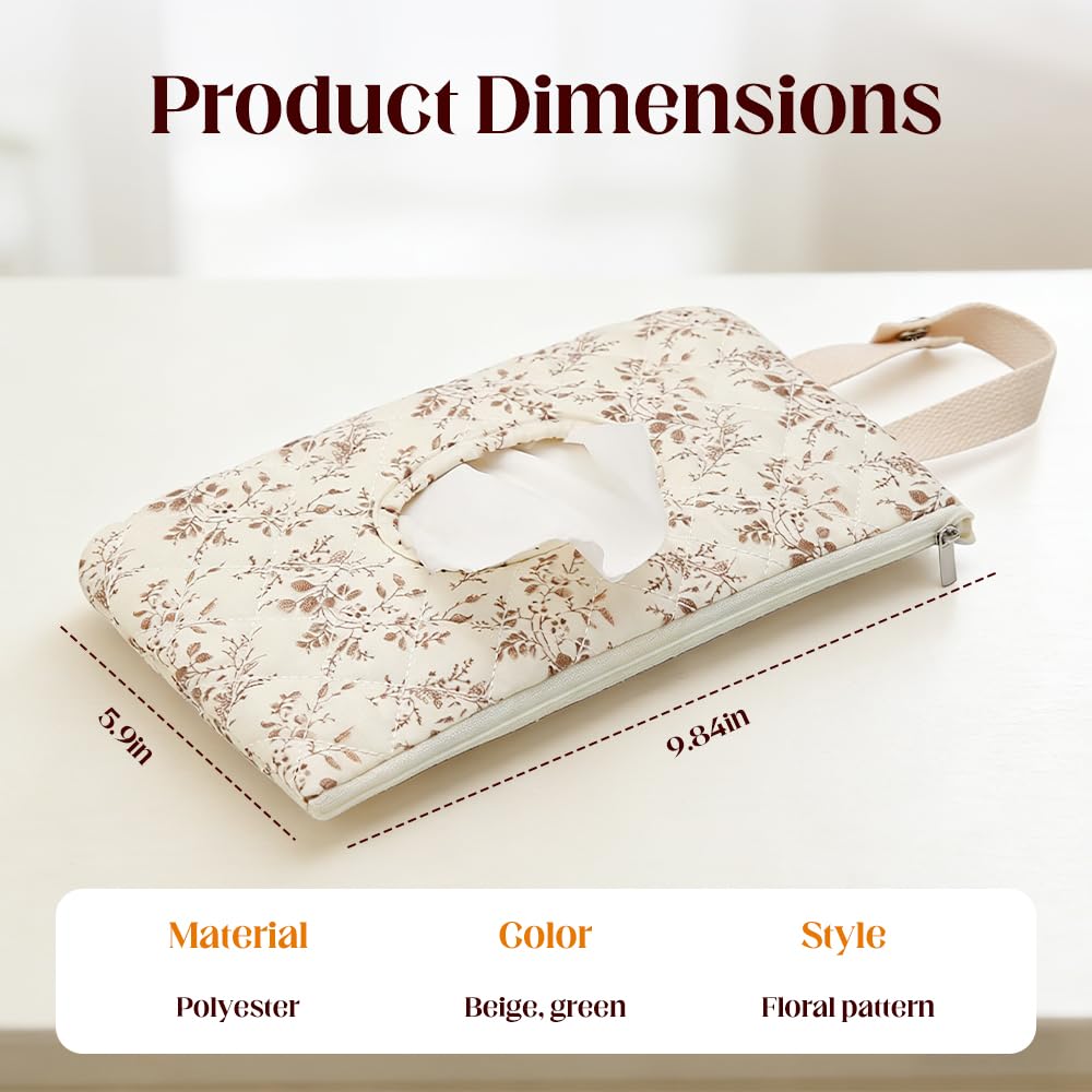 2 PCS Floral Quilted Baby Wipe Holder Pouch with Strap, Reable Portable Wipes Case for Stroller & Diaper Bag, Leak-Proof Travel Wipes Dispenser with Floral Pattern Mix