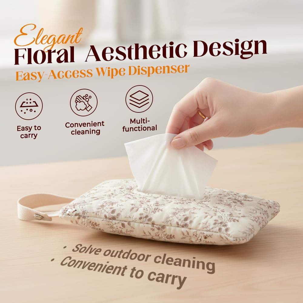 2 PCS Floral Quilted Baby Wipe Holder Pouch with Strap, Reable Portable Wipes Case for Stroller & Diaper Bag, Leak-Proof Travel Wipes Dispenser with Floral Pattern Mix