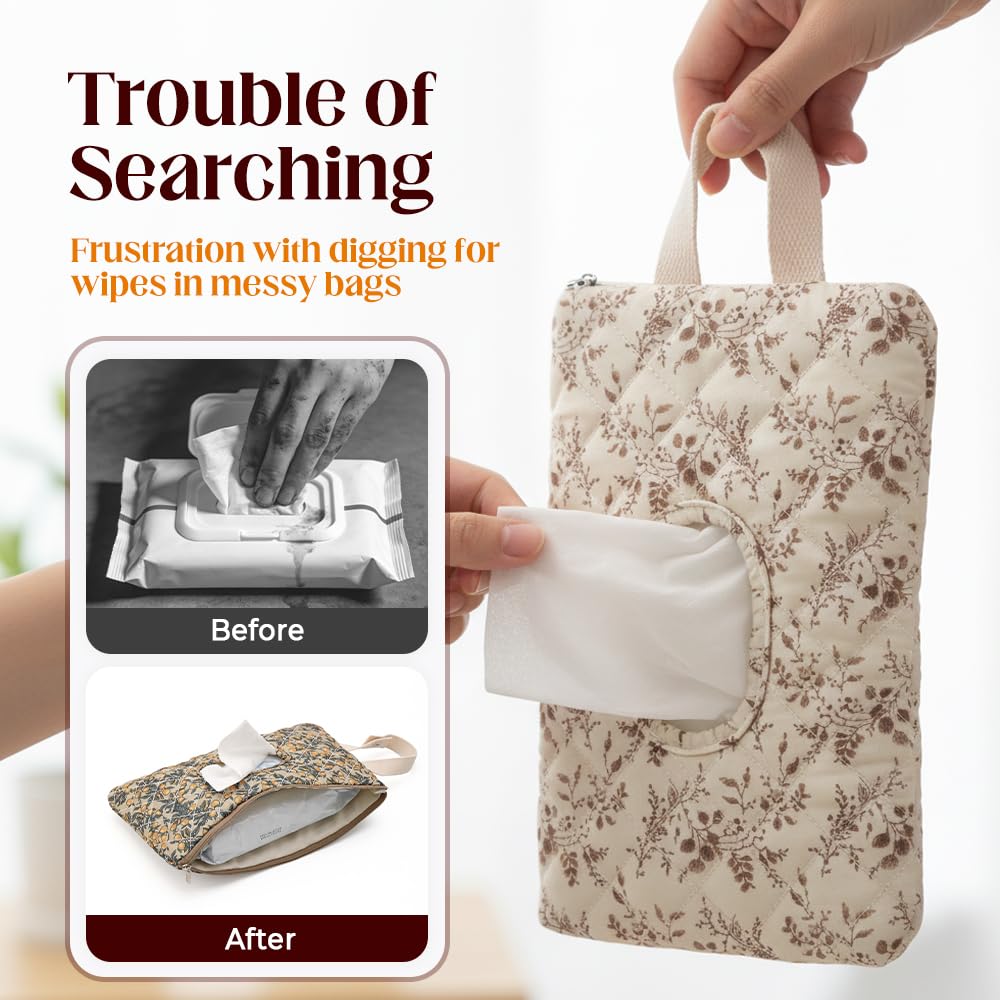2 PCS Floral Quilted Baby Wipe Holder Pouch with Strap, Reable Portable Wipes Case for Stroller & Diaper Bag, Leak-Proof Travel Wipes Dispenser with Floral Pattern Mix