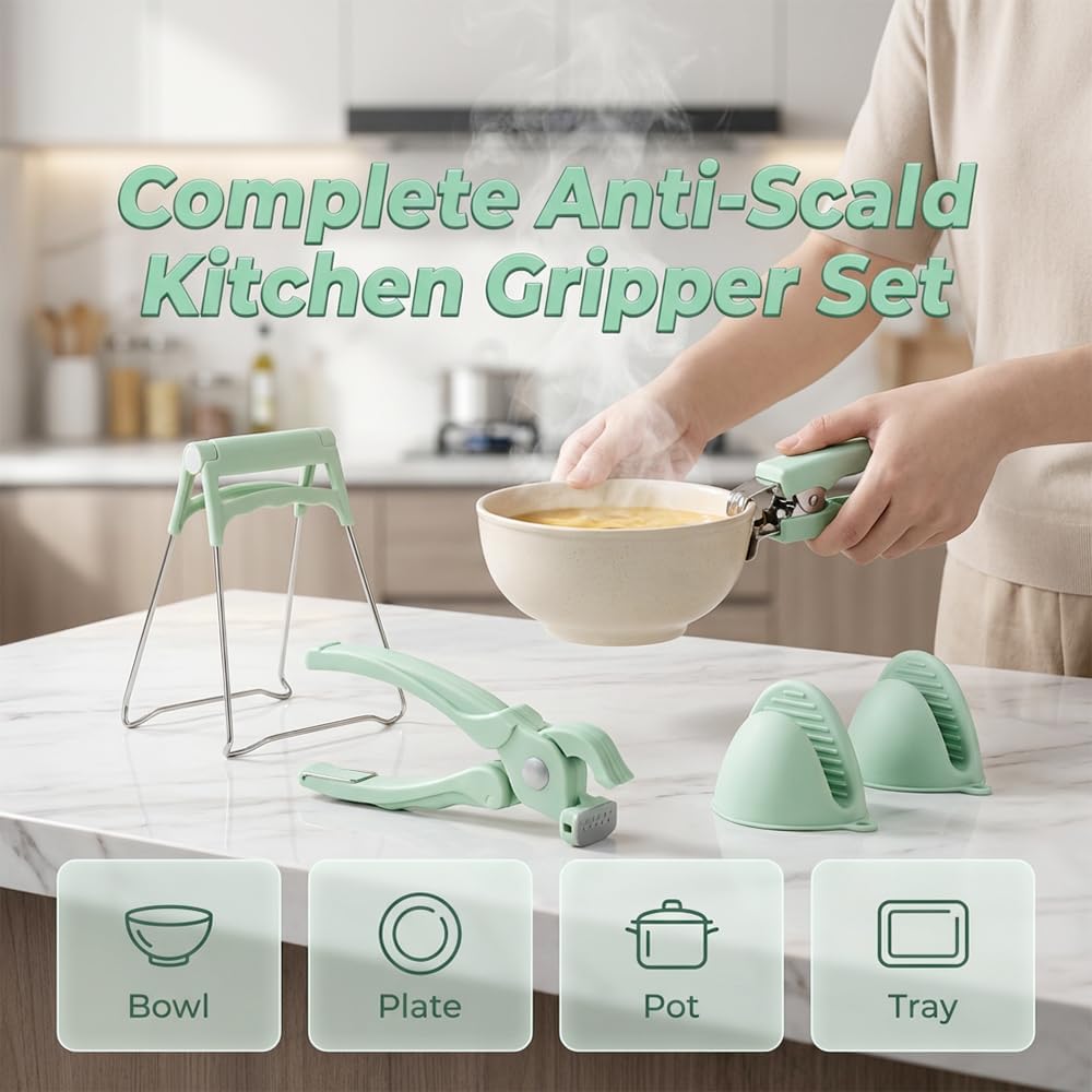 4-Piece Hot Plate Gripper Set, Anti-Scalding Kitchen Bowl Gripper with Silicone Pads, Stainless Steel Clips & Mini Gloves, Holder Tongs for Microwave, Air Fryer, Oven, Steamer Green